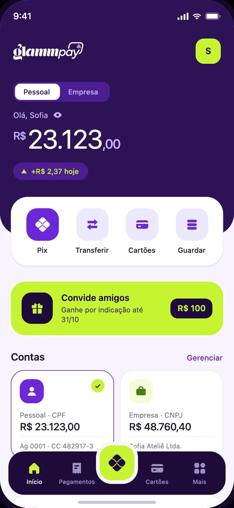 glammpay app home screen with balance, shortcuts and wallets (illustrative image)
